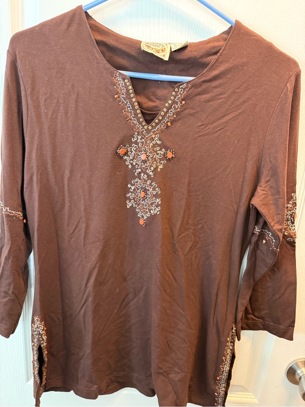 Embellished Brown V-Neck Tunic Top